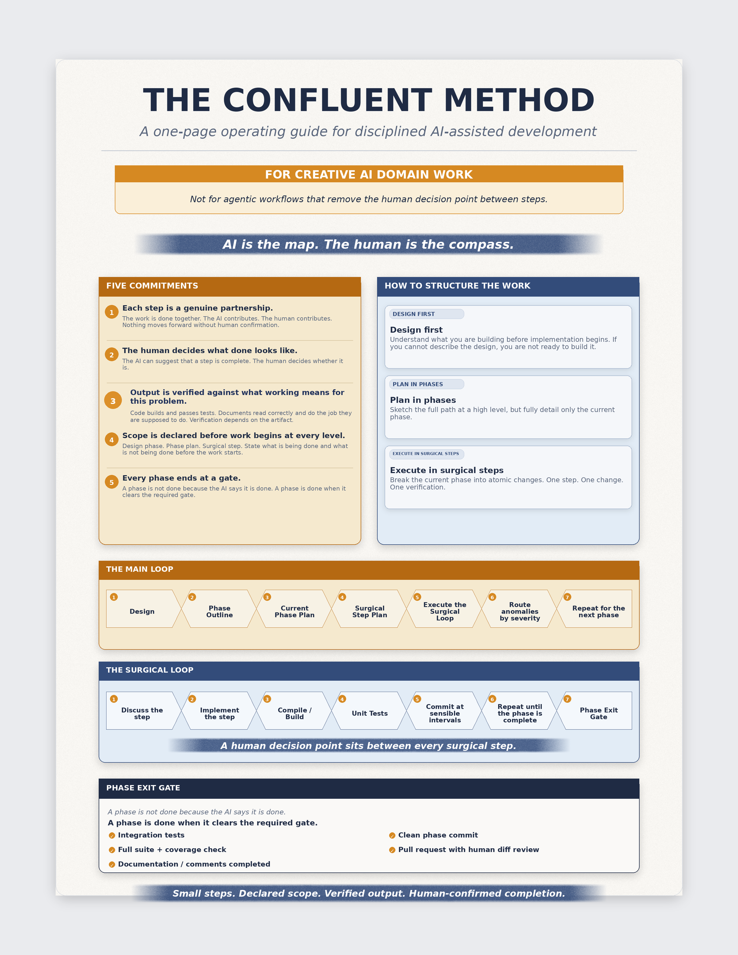 The Confluent Method Cheat Sheet: one-page operating guide showing the Five Commitments, three-level design-phase-surgical-step structure, the Main Loop (seven steps), the Surgical Loop (seven steps with step 5 as the human decision point), and the Phase Exit Gate criteria.